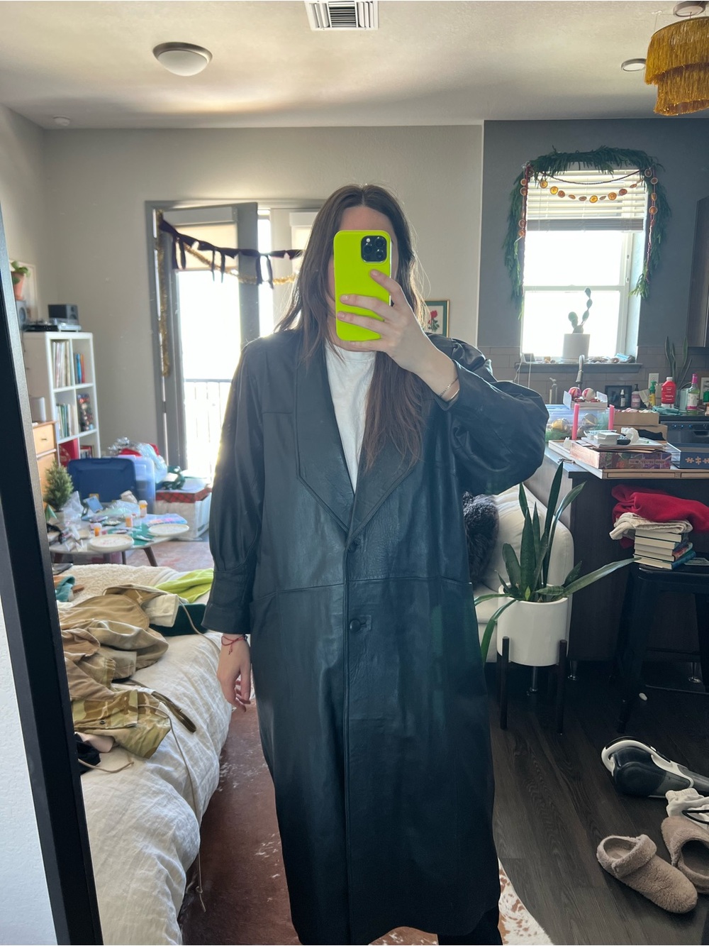 Vintage Black Long Leather Coat